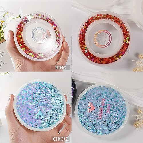 Resin Shaker Molds Set Large Round and Ring Coaster Pack of 3 Epoxy Silicone Trays Precision Tip Applicator Bottle Kit Bundle - color: Circle and Ring Craft Pack of 3