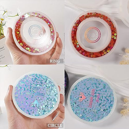 Resin Shaker Molds Set Large Round and Ring Coaster Pack of 3 Epoxy Silicone Trays Precision Tip Applicator Bottle Kit Bundle - color: Circle and Ring Craft Pack of 3