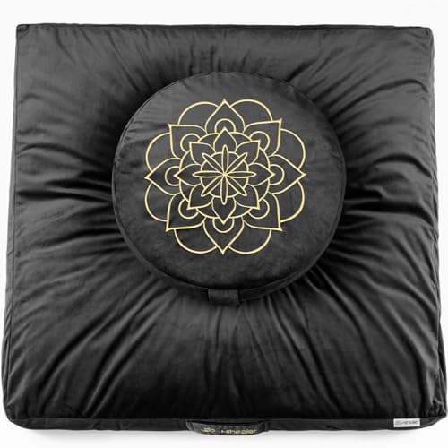 Hihealer Meditation Cushion, Traditional Tibetan Velvet Meditation Pillow | Buckwheat Yoga Bolster, Large Floor Cushion & Pillow for Adults, Zafu Zabuton Set, Zen Meditation Mat - color: Black