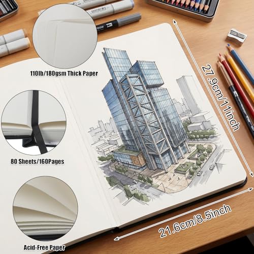 Hardcover Sketch Book 8.5 × 11 in, 180gsm, 80 Sheets, Black | Acid-Free Thick Paper, Marker And Pencil Friendly, Perforated Pages, Elastic Band, Back Pocket - size: 8.5×11 Inch (1 Pack)