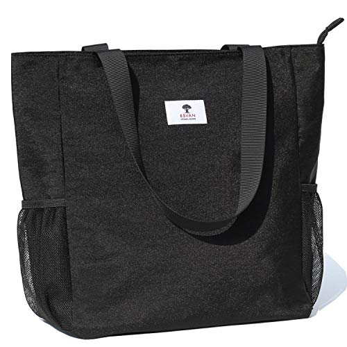 ESVAN Original Floral Water Resistant Large Tote Bag Shoulder Bag for Gym Beach Travel Daily Bags Upgraded - color: [S] Black