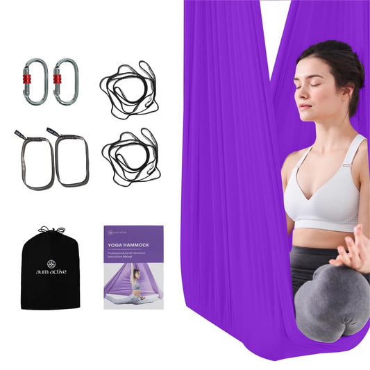 Aerial Yoga Hammock Swing, 4.5 Yards, Aerial Silks with Hardware | Knitted fabric with extension straps and a pose guide for aerial yoga, home gym and studio practice, suitable for all levels - color: Royal-Purple, size: 5.5 yards