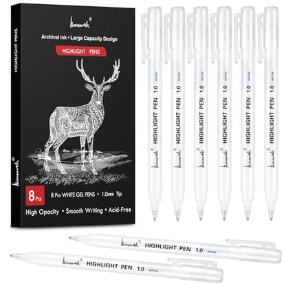 Brusarth White Gel Pens, 1mm Fine Point Opaque Archival Ink Pens | 8 Pack Opaque White Archival Ink Pens for Black Paper Drawing, Sketching, Illustration, Bullet Journaling