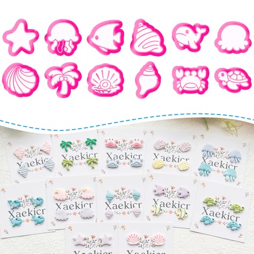 Ocean Life Polymer Clay Cutters Set - 12pcs Sea Creatures Shapes Including Starfish, Jellyfish, Seashell, Turtle, Crab & Palm Tree for DIY Earring Jewelry, Scrapbooking & Miniature Decor - color: R color