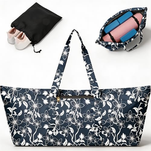 Yoga Mat Bag for Women Men Large Yoga Bag Travel | Gym Bag for Pilates Office Beach Workout, Yoga Mat Tote Carrier with Mat Strap for 1/4" 1/2" Thick Exercise Yoga Mat - color: Blue flowers