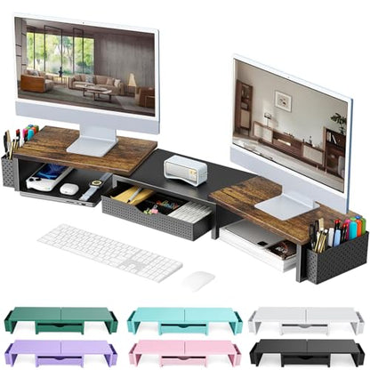 gianotter Dual Monitor Stand Riser With Drawer and 2 Pen Holders - color: Wood