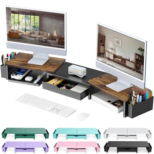 gianotter Dual Monitor Stand Riser With Drawer and 2 Pen Holders - color: Wood
