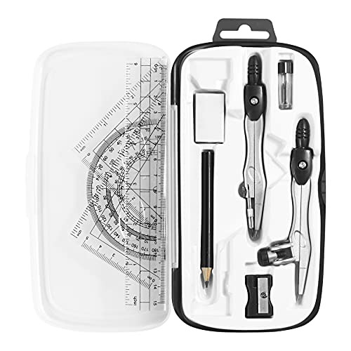 Unjoo Math Geometry Kit Sets 10 Piece Student Supplies, Compass Set, Black | Shatterproof Storage Box,Rulers,Protractor,Compass,Eraser,Pencil Sharpener,Lead Refills,for Classroom - color: Black1