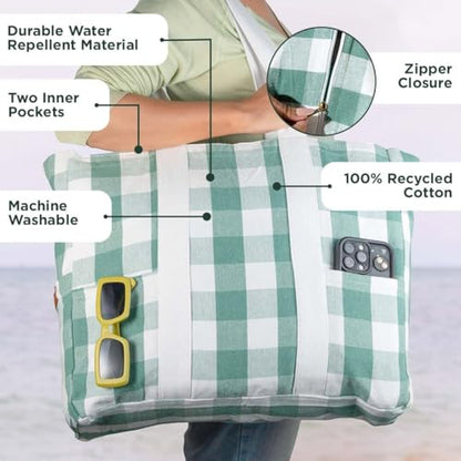 Folkulture Beach Tote Bags For Women, Beach Must Haves 2026-18x15 Inch | Waterproof,Sandproof, Large Tote Bags for Women, Swimming Pool, Beach Essentials, Simple Modern Pool Bag, Bolsos Para Mujeres - color: Forest Green - Checkered