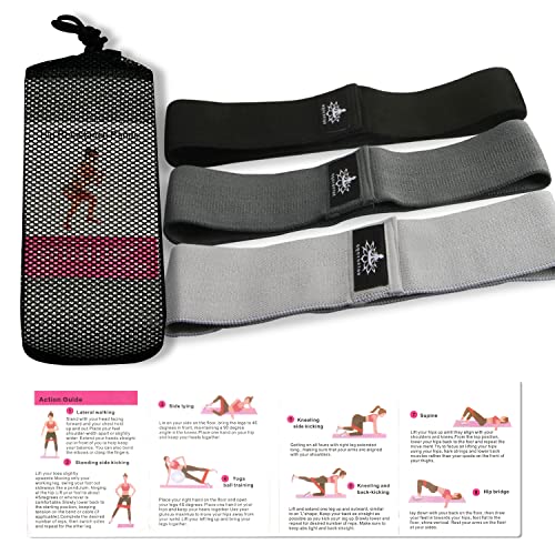 Hatha Yoga Large Resistance Band,14.5" x3.15",Fabric Exercise Loop Bands with Instruction Guide and Carry Bag, Set of 3. - color: Black Ash