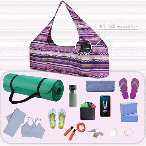 Large Yoga Mat Bag Yoga Bags and Carriers Fits All You Stuff Yoga Tote Bag with Yoga Mat Strap, Elastic Pockets and Zipper Pockets - color: purple pink