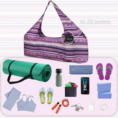 Large Yoga Mat Bag Yoga Bags and Carriers Fits All You Stuff Yoga Tote Bag with Yoga Mat Strap, Elastic Pockets and Zipper Pockets - color: purple pink