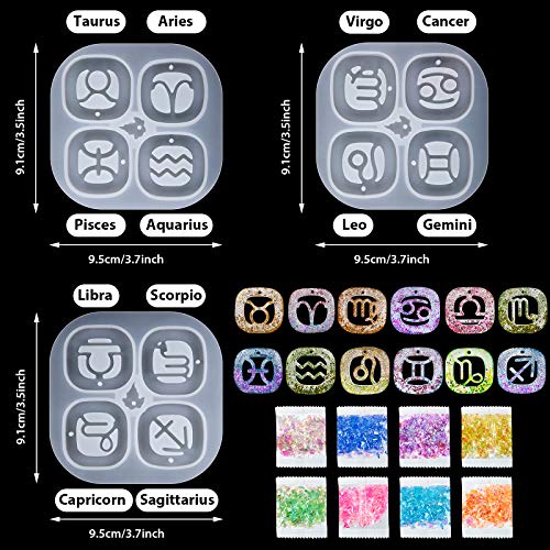 3 Pieces Zodiac Signs Keychain Resin Molds Silicone with Hole Constellation Sign Pendant Silicone Epoxy UV Resin Mold for DIY Keychain Pendant Jewelry Making, 8 Colors Holographic Glitter Sequins
