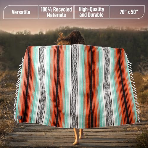 Hydration Nation Authentic Extra Large Mexican Blanket (70"x50") - Handwoven Yoga, Serape- Artisanal Falsa, Beach, Camping, Picnic, Outdoor (Mint-Orange) - color: Mint Orange