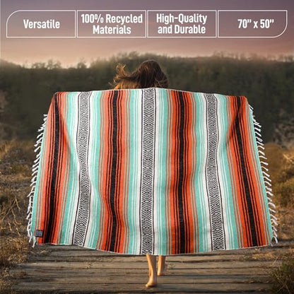 Hydration Nation Authentic Extra Large Mexican Blanket (70"x50") - Handwoven Yoga, Serape- Artisanal Falsa, Beach, Camping, Picnic, Outdoor (Mint-Orange) - color: Mint Orange