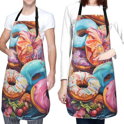 Artist Painting Apron with 2 Pockets Painters Art Aprons Gifts for Women Men - color: Colorful Donuts With Flowers