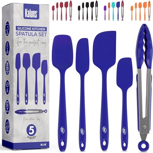 Kaluns Silicone Spatula Set, 4 Rubber Spatulas 600°F Heat Resistant, Nonstick Seamless Design with Stainless Steel Core, Dishwasher Safe, BPA free, Bonus Tongs Included - color: 4 Pcs + Tongs Blue