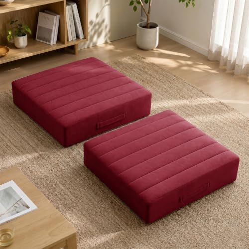 JKMAX 2 Pcs High Density Foam Floor Pillow - Upgraded Large Pillows Seating for Adults - Outdoor Floor Cushion with Soft Tufted Cover - Yoga Pillows for Sitting On Floor - 22 Inch Burgundy - color: Burgundy, size: 2 Counts