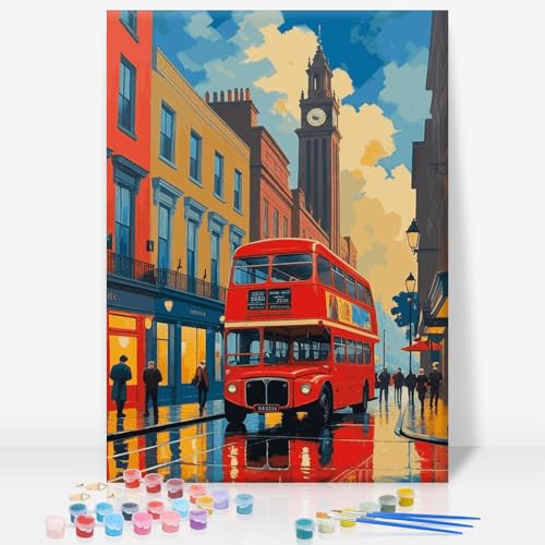 GEEHEIY Framed Paint by Numbers Kit for Adults, London Red Bus, 8 x 12 Inch | DIY Adult Paint by Number Kit for Beginners, City Wall Decor, Stress Relief Craft Gift, Creative Hobby - color: TRTD1PF309