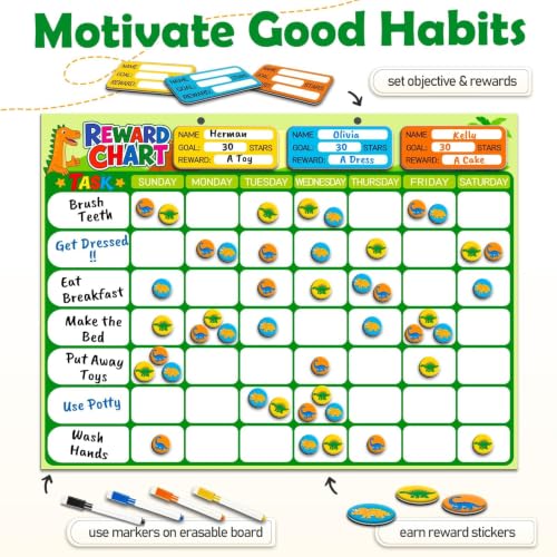 Magnetic Reward Chart for Kids, Customizable Dry Erase Weekly Chore Chart - size: 3 Kids-Dinosaurs