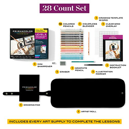 Prismacolor Technique, Art Supplies and Digital Art Lessons, Animal Drawings Set, Level 3, Includes Artist Roll Case, Dog, Cat & Pet Lesson, 28 Count - style: Animal Level 3