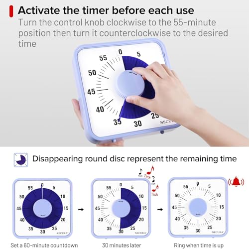 Secura 7.5 Inch Visual Timer, 60 Minute Oversize Visual Countdown Timer for Kids and Adults, Durable Mechanical Time Management Tool (Violet) - color: Purple & Purple