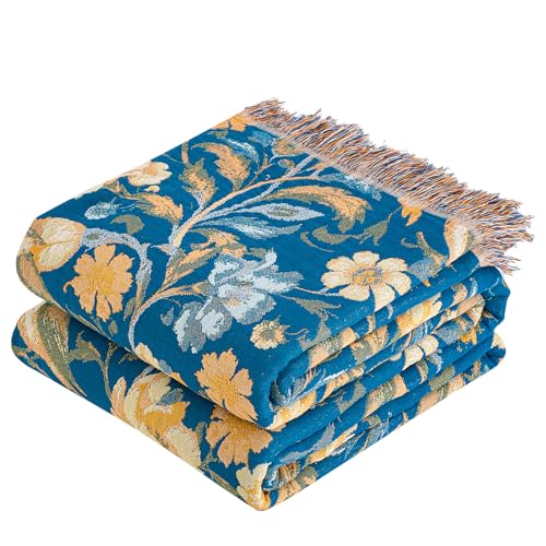 VANJOROY Boho Throw Blanket, 100% Organic Cotton Breathable Ultra Soft 50" x 60" Bed Quilt Blue Throw - All Season Bird Floral Rustic Farmhouse Decor Reversible Blanket for Couch Chair and Gift - color: I-boho-floral, size: Throw (50" X 60")