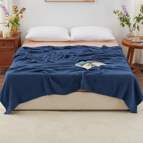 Love's cabin 100% Cotton Muslin Blanket, 6 Layer Lightweight Breathable Gauze King Size Blanket 108 x 90 Inches, Soft Summer Blanket for Bed, Dark Blue - color: Dark Blue, size: King(108"x90")