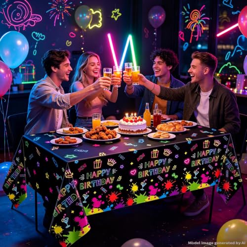 4 Pack Glow Party Table Covers Neon Tablecloths Disposable Plastic Neon Table Cloth Black Light Tablecloth Black Light Decorations Glow in The Dark Party Supplies Blacklight Decor 86 x 51 Inch