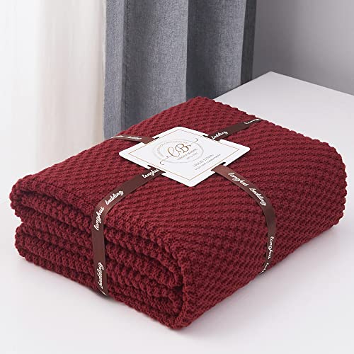 Longhui bedding 100% 면 니트 담요 - 버건디, 부드럽고 아늑함, 세탁기 사용 가능, 129.5cm x 160cm(51 x 63인치) - 거실, 소파, 침대 또는 여행에 적합 - color: 버건디, size: 51" x 63", Standard