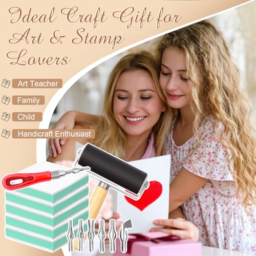 Linocut Stamp Making Kit with Rubber Carving Blocks 6PCS 2"x2", Block Printing Printmaking Kit with Carving Tools, Brayer Roller & Ink Pads, DIY Craft Supplies for Beginners Kids Adults