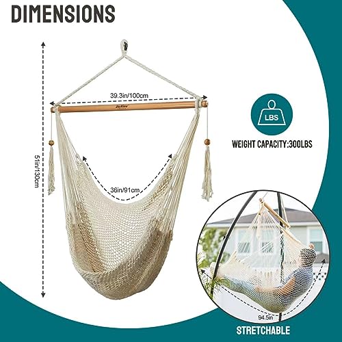 JoyView 해먹 의자 스프레더 바 캐리비안 해먹 스윙 의자 136.1kg(300파운드) 무게 용량 XL 로프 걸이 의자 야외 실내 정원 마당용 - 내추럴 화이트 - color: 내추럴 화이트