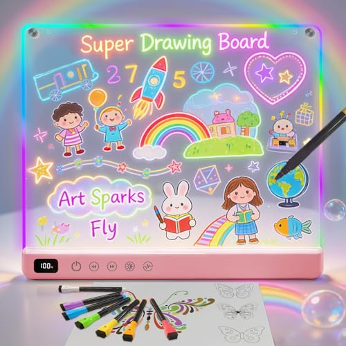 16" Rechargeable Led Drawing Board for Kids with 13 Light Effect, Glow Doodle Acrylic Dry Erase Board-Built-in Stand, Light Up Drawing Tablet for Kids, Gifts for Girls/Teen, 7 Markers(Pink) - color: Pink