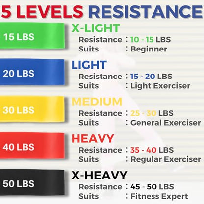 LEZER Resistance Loop Bands for Exercise Workout, Elastic Band, Stretch, Home Gym Fitness, Strength Training, Physical Therapy, Yoga, Women, Men, with Instruction and Carry Bag, Set of 5