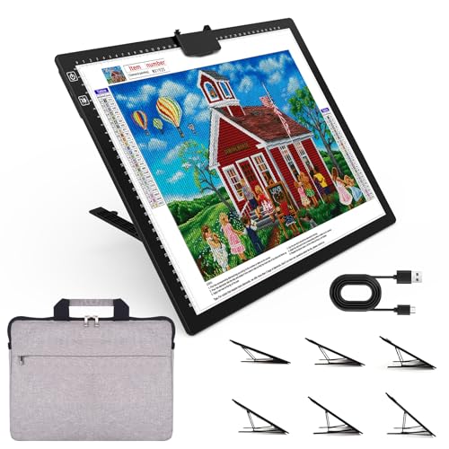 HIUKCOLED Rechargeable A3 Light Pad with Diamond Painting Light Board Carry Bag, Built-in Foldable Stand＆top Clip, 3 Colors/Stepless/6-level Brightness, Battery Powered Wireless LED Tracing Box - style: A3 Stand with Bag