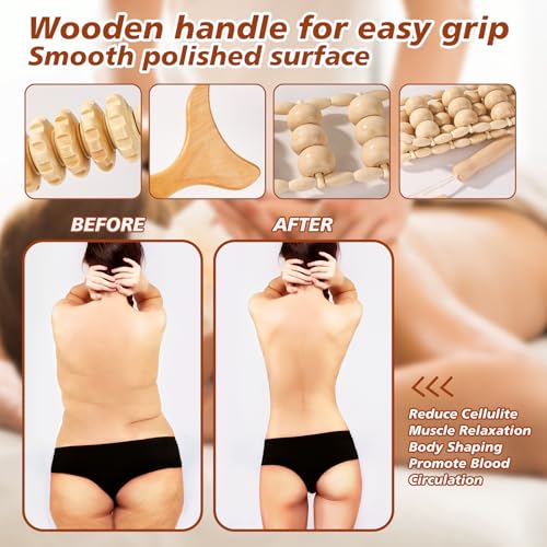 Wood Therapy Tools for Body Shaping,8 in 1 Wood Therapy Massage Tools,Wooden Gua Sha Tools,Lymphatic Drainage Massager,Maderoterapia kit,Wooden Massager Roller Rope for Body Shaping, Beige