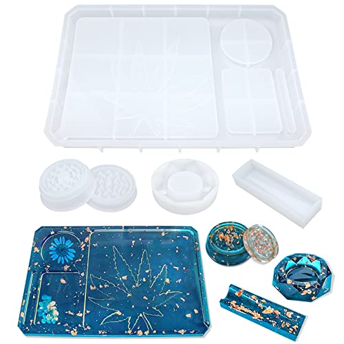 FONUNO Silicone Resin Casting Molds Pack of 5 | Epoxy Resin Molds with Large Rolling Tray & Herb Grinder Mold for DIY Resin Craft & Storage, Flexible and Reusable