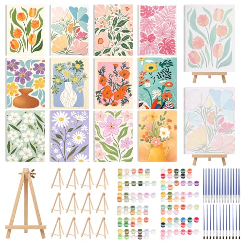12 Set Paint by Numbers Kit for Adults with 8x12 In Simple Flower Painting | Number Painting on Canvas for Adults Beginners with Wooden Frame Easel Paint Kit, Craft Group DIY Gifts for Home Wall Decor