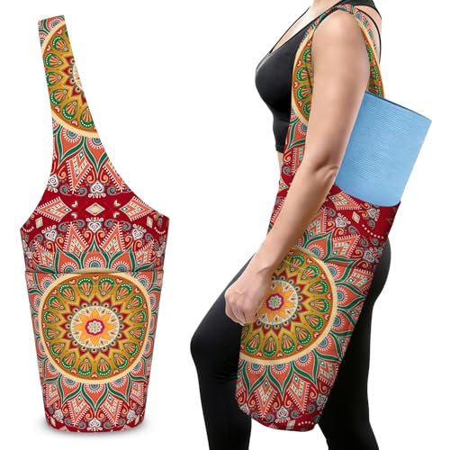 Mandala Yoga Mat Bag with Large Side Pocket and Zipper Pocket Long Tote Yoga Bags Fit Most Size Mats and Holds More Yoga Accessories - color: Red