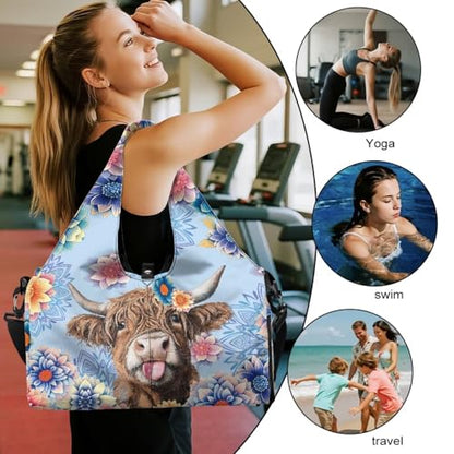 Yoga Mat Bag for Men Women Canvas Yoga Mat Carrier Take In Out Mat Easily for Beach Swim Bags Pool Sports Gym - color: Highland Cattle