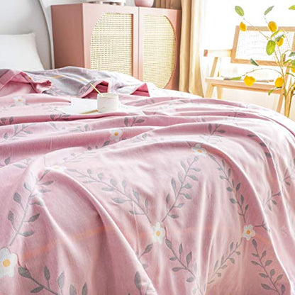 MEJU Flower Muslin Lightweight Summer Blanket for Bed Sofa Couch, 100% Combed Cotton 2 Layer Soft Warm Quick Dry Throw Blanket Bed Coverlet Sheet Flower Pink, Twin 60 in X 80 in - color: Flower Pink, size: Twin 60 in x 80 in