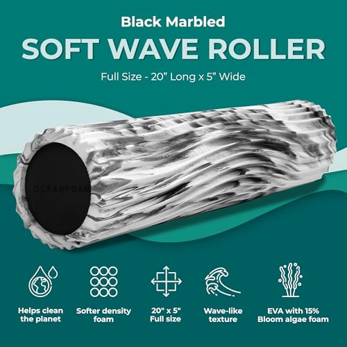 Oceanfoam Soft Tidal Roller (Black Marbled) - Low Density Foam Roller for Physical Therapy, Back Pain, Excercise & Stretching - Wave Textured - Yoga, Athletics, & Wellness - Full Size, 20" x 5" - color: Black Marbled