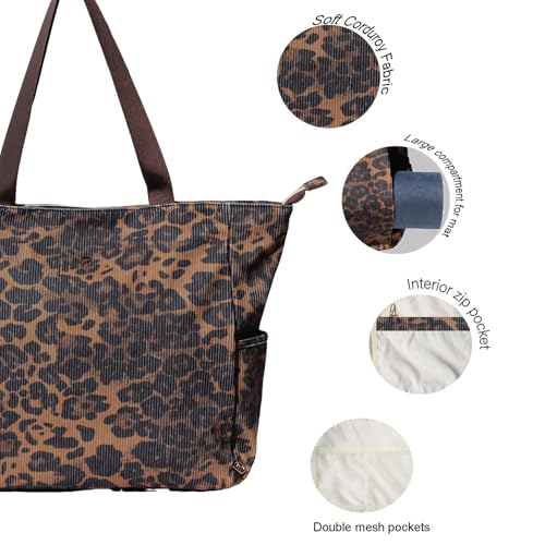 ESVAN Yoga Mat Bag Yoga Tote Carrier Shoulder Bag Carryall Tote for Office,Yoga,Pilates,Travel,Beach and Gym - color: Corduroy Brown Leopard Print