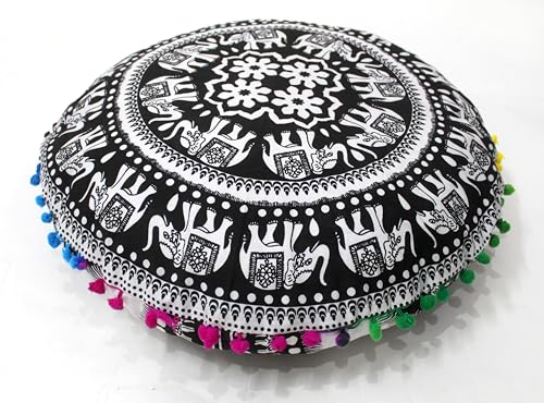 CRAFT KALA 22" Bohemian Floor Pillow Pouf Cover Mandala Boho Large Round Meditation Room Pillow Covers for Adults Seating Poufs Cushion Cover for Kids Playroom Black and White Elephant - color: Black and White, size: 22" x 22" (Pack of 1)