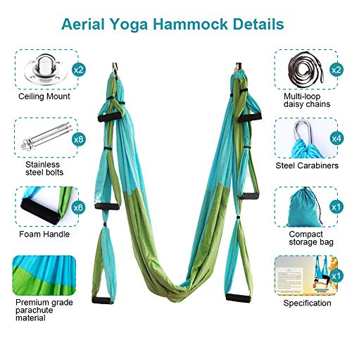 Aerial Trapeze Yoga Hammock Kit - Ultra Strong Antigravity Yoga Flying Sling Inversion Swing Tool Set - color: Mixed Green