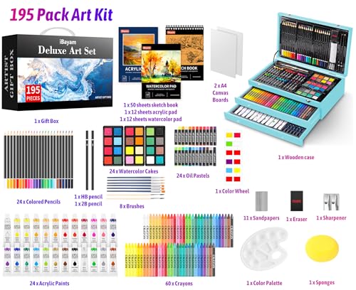 iBayam 195PCS Art Supplies Kit, Sketch Book, Acrylic Pad, Watercolor Pad | Painting, Drawing & Art Supplies for Kids Teens Girls Boys Adult, 195-Pack Deluxe Artist Gift Wooden Case with A4 Canvases - color: Blue