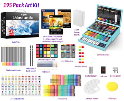 iBayam 195PCS Art Supplies Kit, Sketch Book, Acrylic Pad, Watercolor Pad | Painting, Drawing & Art Supplies for Kids Teens Girls Boys Adult, 195-Pack Deluxe Artist Gift Wooden Case with A4 Canvases - color: Blue