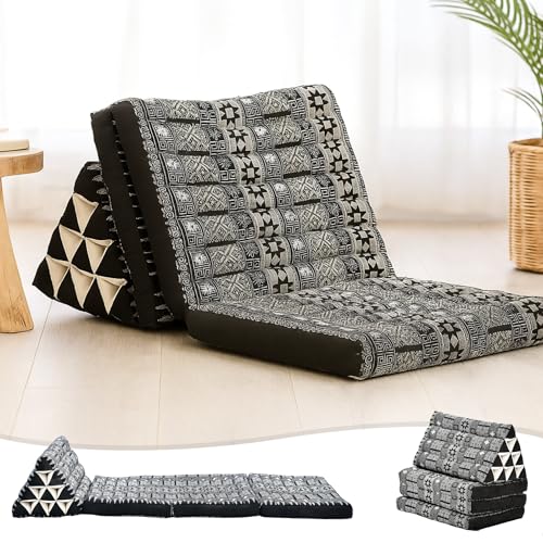 Leewadee Thai Foldable Floor Mat 67 x 21 inches Kapok with Backrest | Floor & lounge cushion for relaxing, reading & TV - for meditation & yoga, firm & stable - color: Cbt4 - Black, size: 3 seating segments