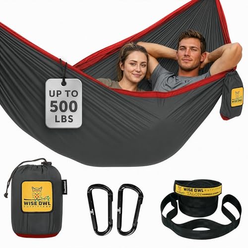 Wise Owl Outfitters Hammock for Camping Double Hammocks Gear for The Outdoors Backpacking Survival or Travel - Portable Lightweight Parachute Nylon DO Charcoal & Red - color: Charcoal & Red, size: Double