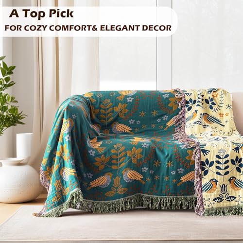 VANJOROY Boho Sofa Bed Large Throw Blanket, Ultra Soft Luxury King Throw Quilt, 100% Organic Cotton Reversible Bohemian Throw for Couch Chair Bedspread and Gift, 91" x 98"-Teal - color: Flower-bird B, size: King (91" X 98")